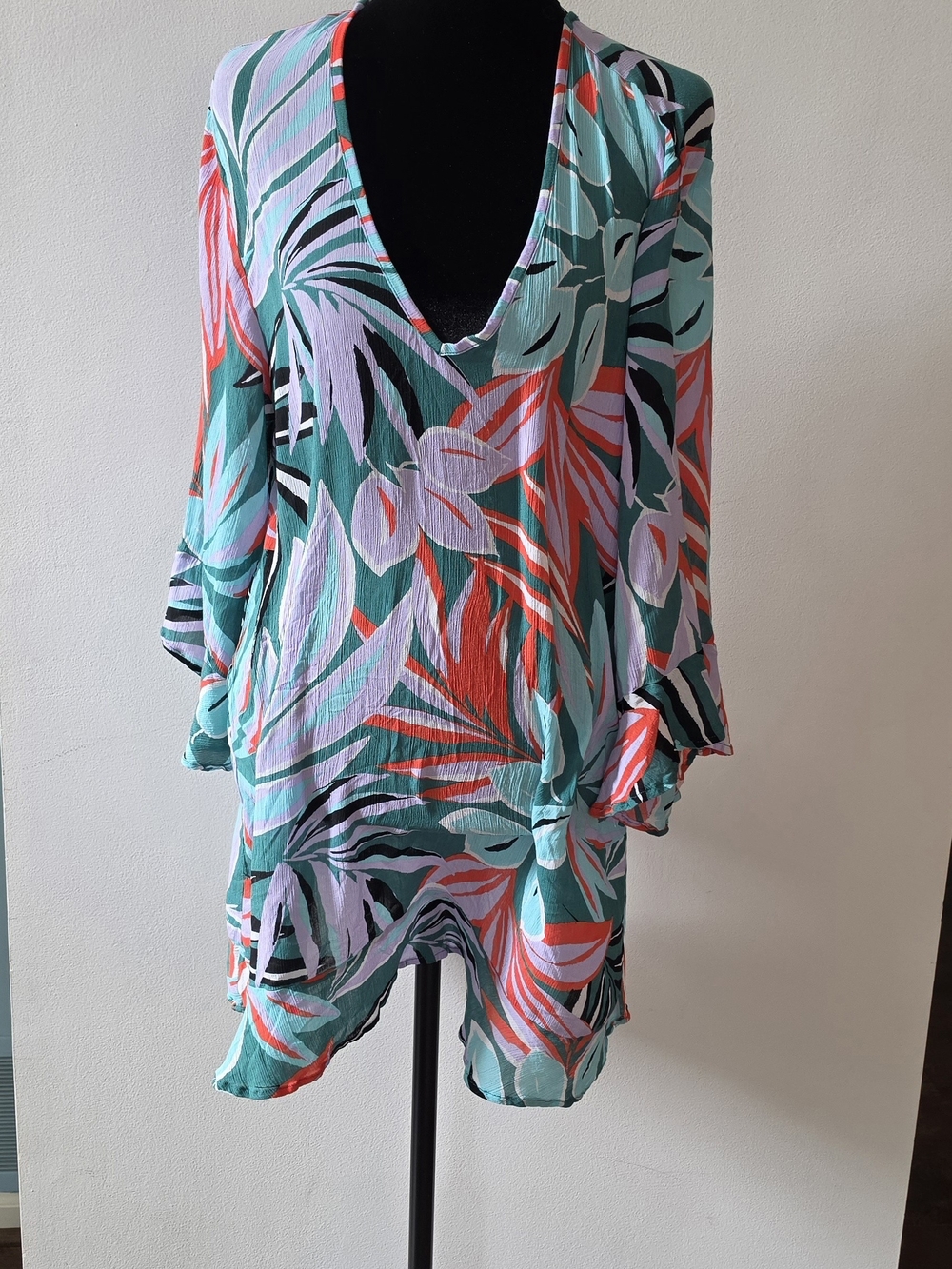 Anne Cole Teal, Coral & Light Pink Tropical V-Neck Cover-Up